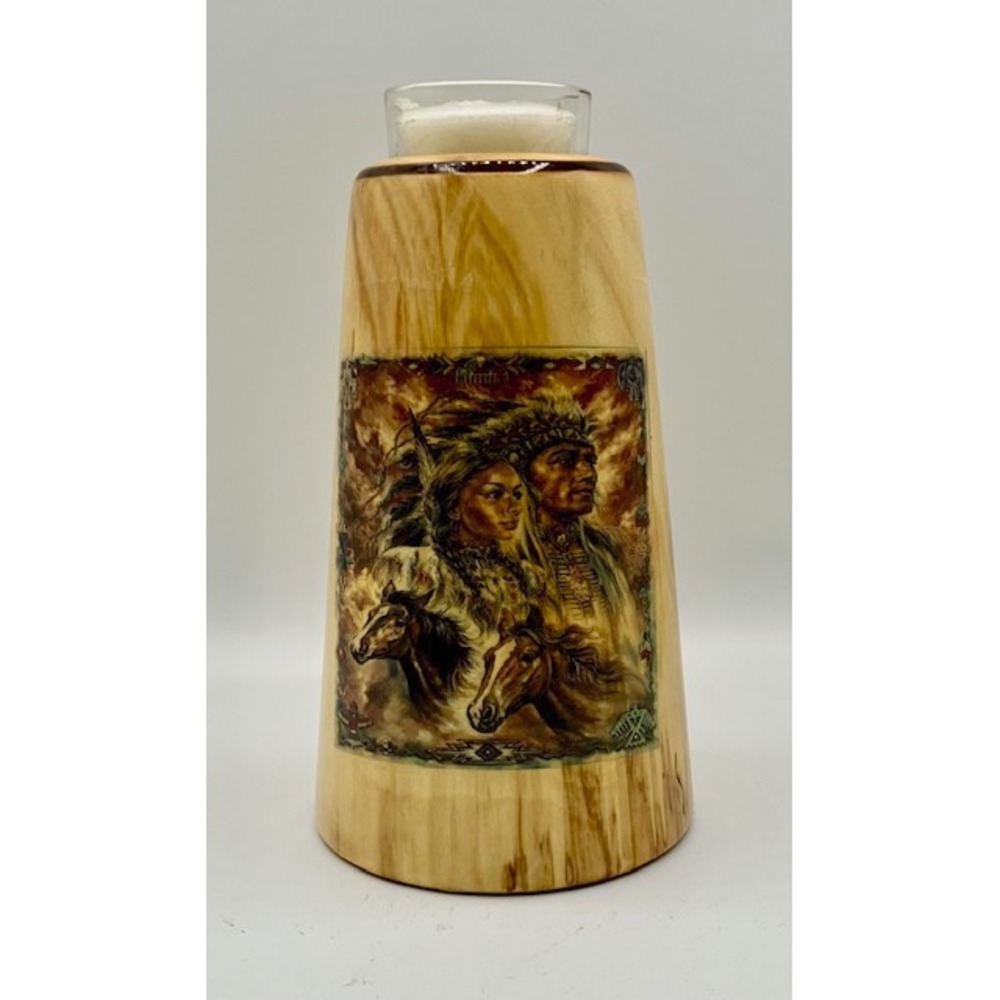 Hand Crafted Native American Votive Candle Holder Wooden Signed Art Decor